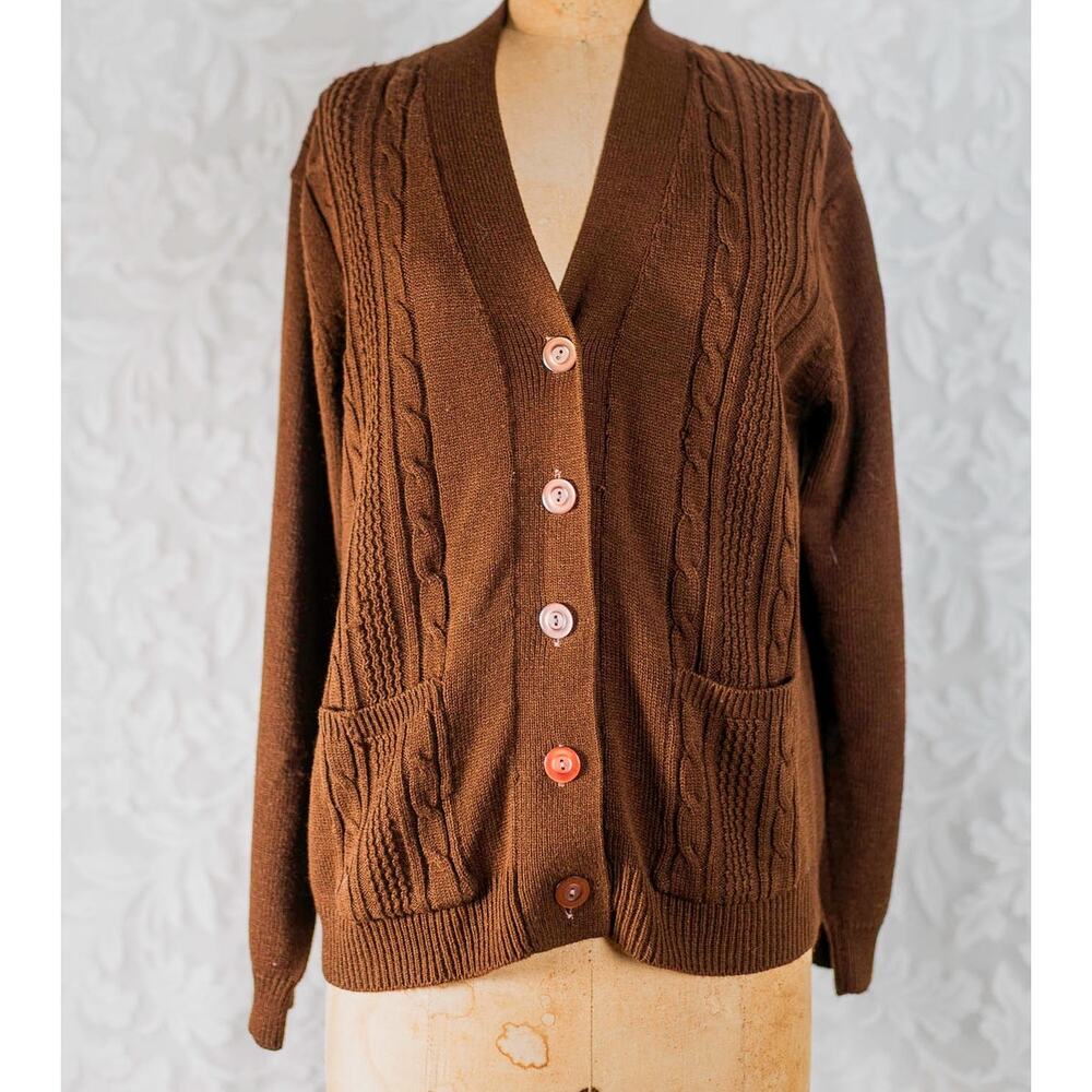 Vintage 70s Grandpacore Brown Cable Knit Cardigan Button Down Sweater Classic LG